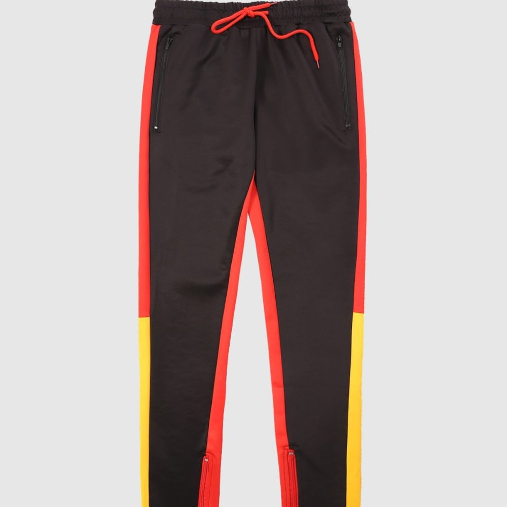 Men's Color Block Side Panel 3-Tone Track Pants Black Yellow Red
